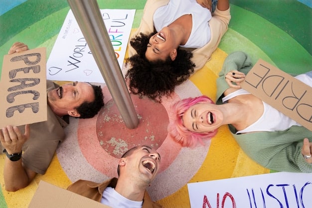 A photograph of a group of young people creating a mural in a community center, depicting themes of environmental justice and sustainability.