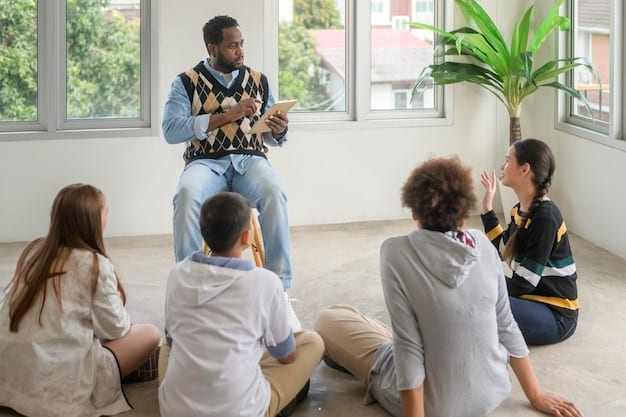 A support group of activists sitting in a circle, talking and listening attentively to each other. The atmosphere is warm, supportive, and inclusive, conveying a sense of solidarity and shared understanding.