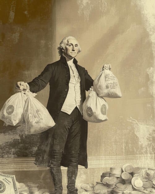 A split image showing on one side a historical photograph of politicians accepting money bags from wealthy industrialists in the early 20th century, and on the other side a modern-day political rally with signs saying 