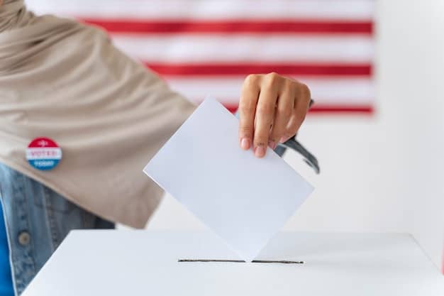 A close-up of a hand casting a ballot into a voting box. The ballot is blurred, but the person's hand is clear and shows a determined expression. The background is a mix of diverse faces, subtly symbolizing the electorate.