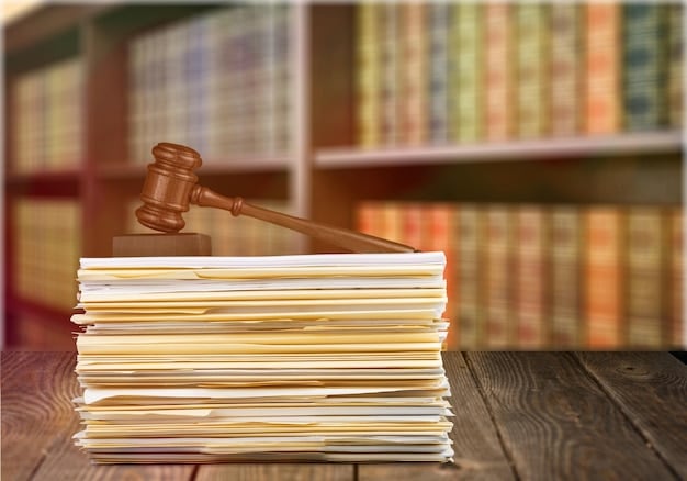 A gavel striking down on a pile of documents, representing the legal and authoritative suppression of information related to a political cover-up.