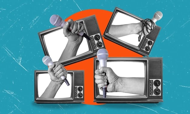 A digital collage showing various forms of media (newspapers, television screen, social media feeds) with overlaid images of disinformation and obscured faces, symbolizing the challenges of covering political scandals in the digital age. The collage uses muted colors to enhance the sense of complexity and obstruction.