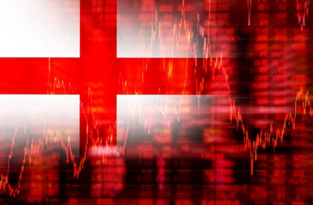 A stock market graph plummeting sharply downwards, with a news headline in the background about a political scandal breaking.