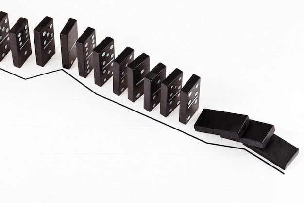 A visual representation of dominoes falling one after another, symbolizing the cascading effect of a political scandal on the stock market and economy.