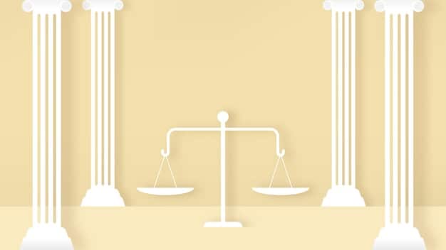A stylized courtroom scene with a scales of justice icon prominently displayed on one side, and a document with a signature on the other, representing legal protections and agreements. The lighting is strong on the scales, emphasizing balance.