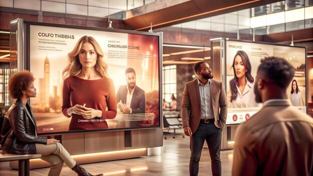 A diverse group of animated professionals standing in front of a giant digital screen displaying an AI-driven recruitment dashboard with analytical graphs, emphasizing the intersection of human and artificial intelligence in HR.
