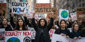 Diverse group protesting for social justice movements in 2026