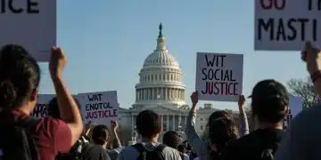 Activists marching for social justice with the US Capitol in the background, symbolizing federal policy changes.