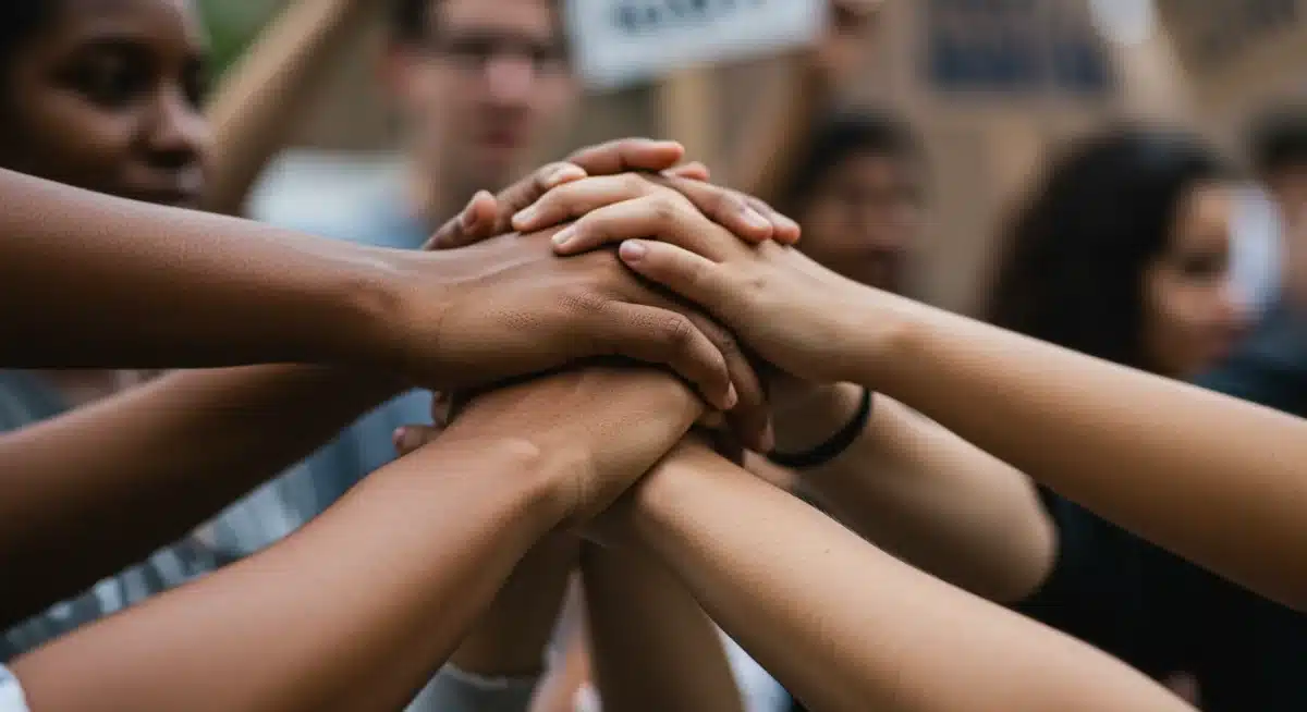 Hands clasped in unity for social justice