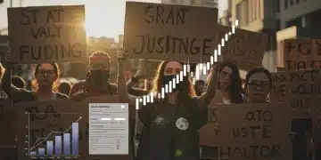 Activists with signs and financial charts, symbolizing funding for social justice