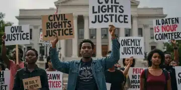 Diverse group advocating for civil rights, justice, and equality in front of a courthouse.