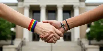 Intertwined hands symbolizing religious freedom and LGBTQ+ rights, representing the complex legal and social battlegrounds.