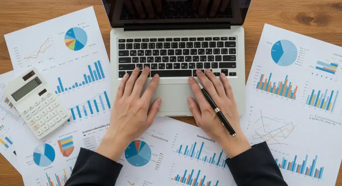 Professional analyzing financial and ESG compliance reports on laptop