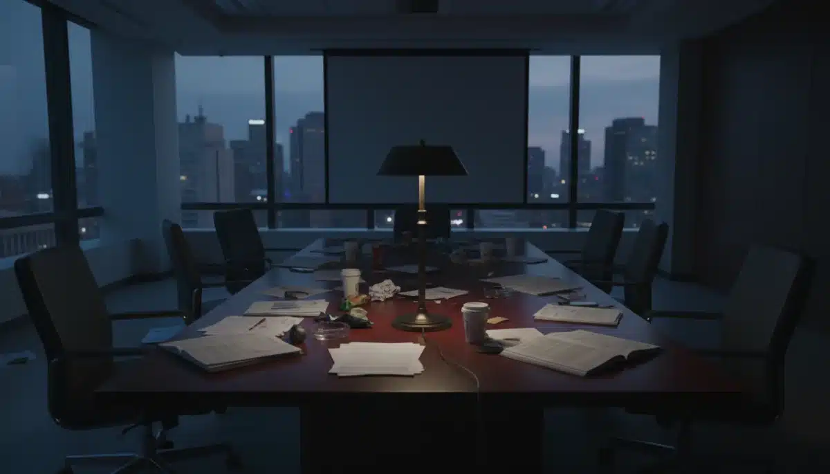 Disordered boardroom table, symbolizing corporate decision-making failure