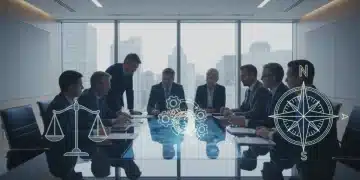Diverse executives discussing ethical oversight in a modern boardroom setting.