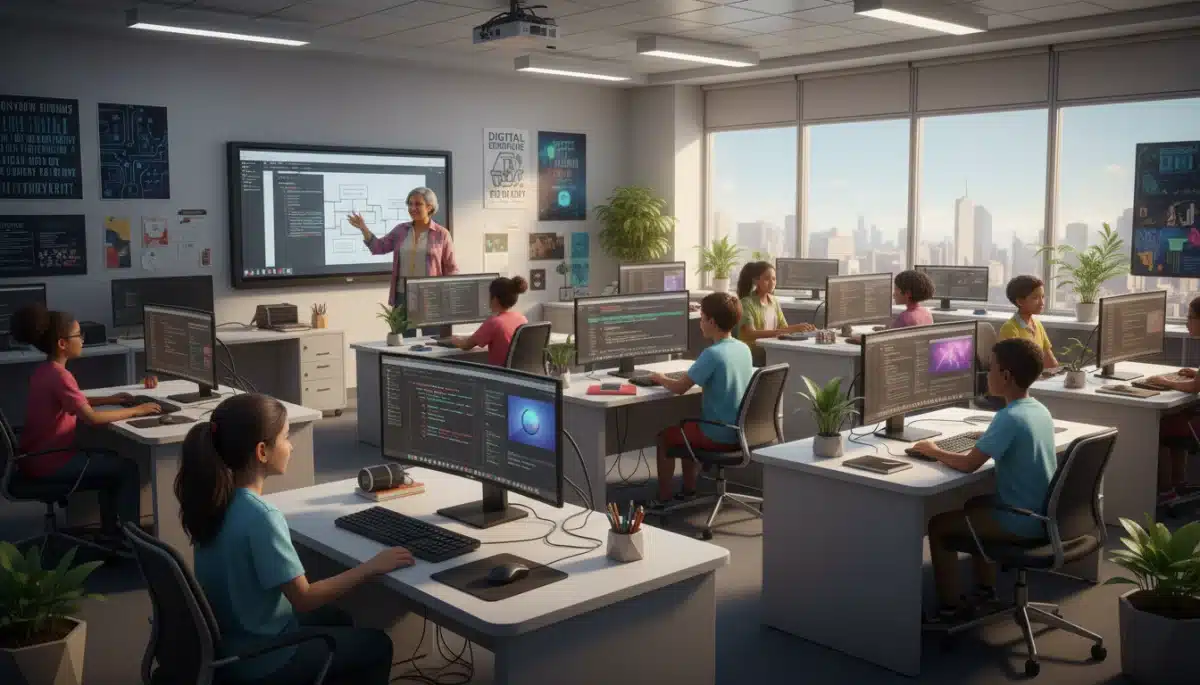 Students learning digital skills in a modern classroom, promoting literacy