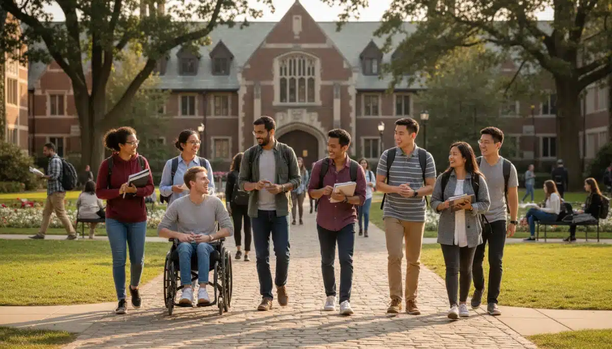 Diverse university students on campus, discussing educational access and affirmative action.