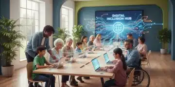 Diverse community engaging with technology, symbolizing equitable digital access