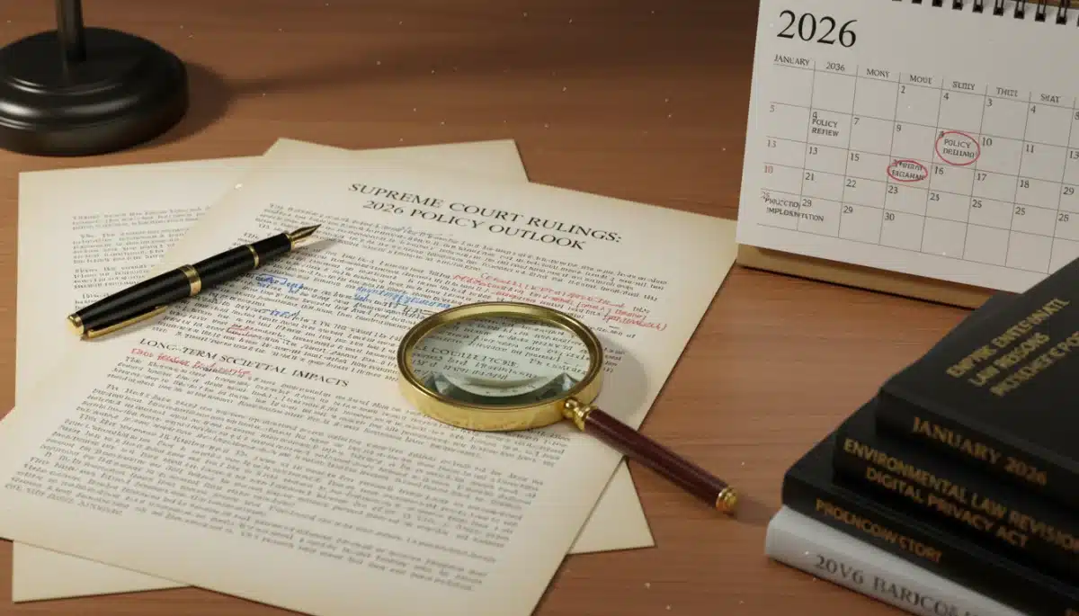 Legal document with pen, magnifying glass, and 2026 calendar, symbolizing future policy review.