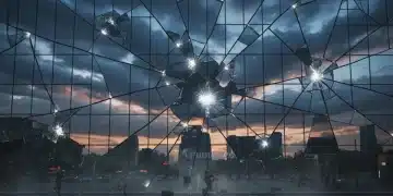 Shattered glass facade reflecting storm clouds, symbolizing corporate crisis