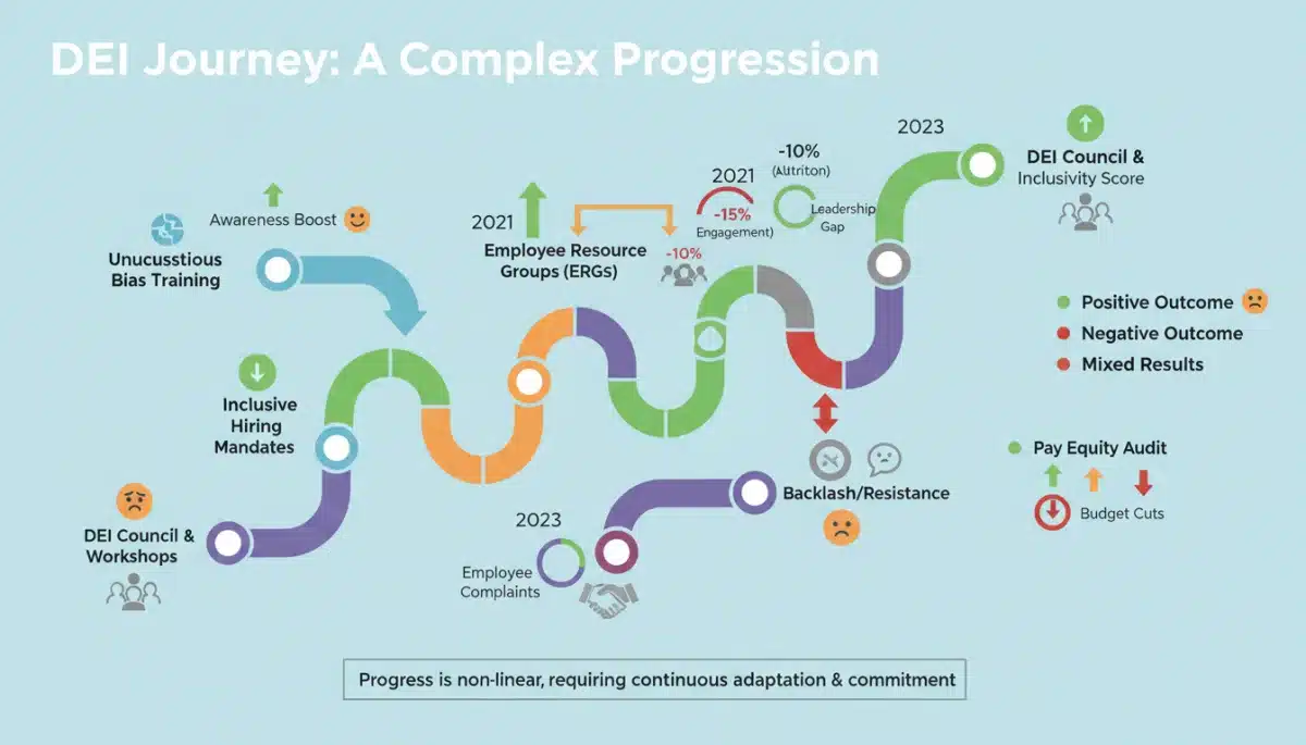 Infographic detailing DEI program implementation and outcome timeline.