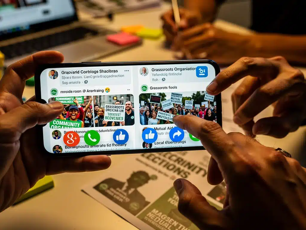 Smartphone screen showing diverse social justice campaigns on social media platforms.