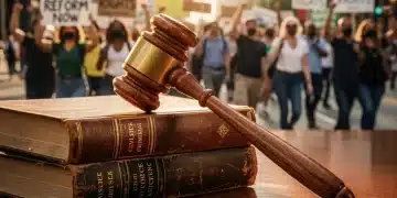 Gavel on law books with justice march background, symbolizing criminal justice reform.