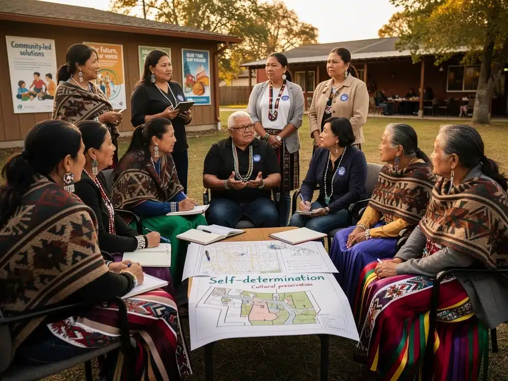 Indigenous community members engaged in dialogue, planning for self-determination and cultural preservation.