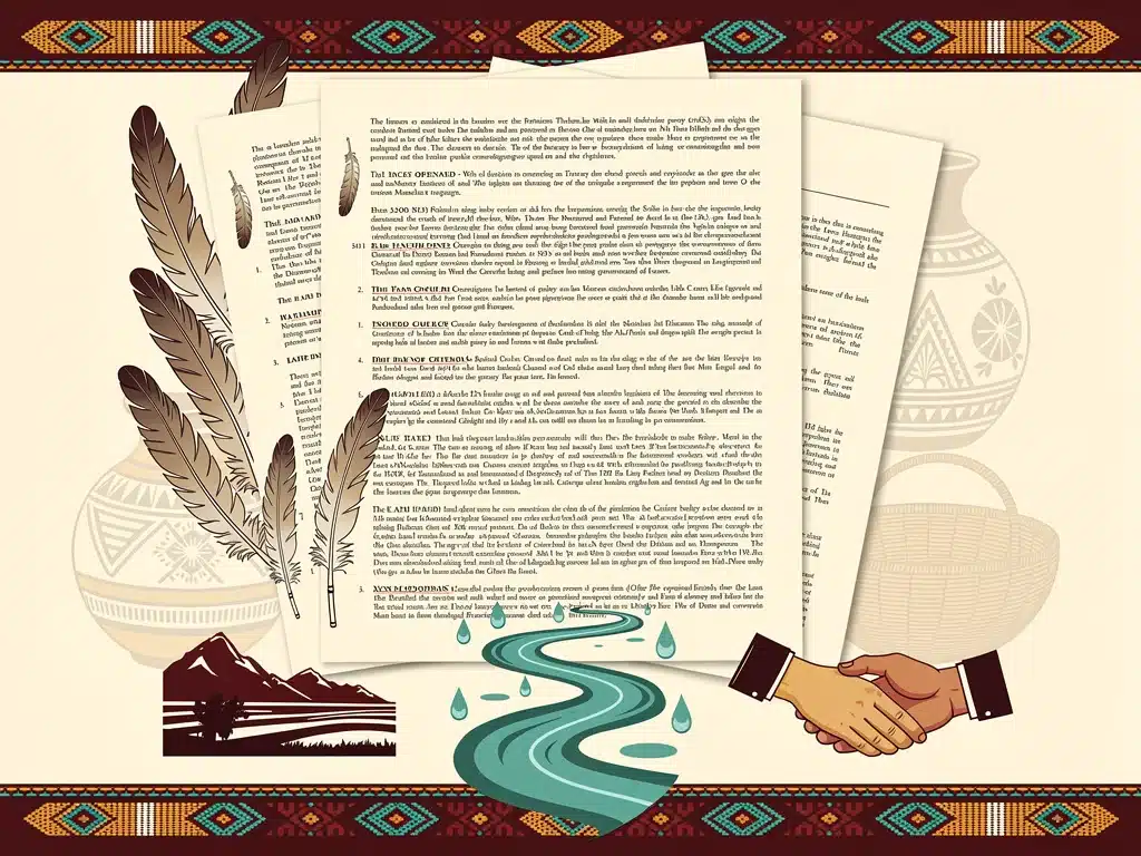 Legislative document with Indigenous symbols, representing legal battles for land and treaty rights.