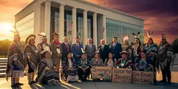 Indigenous leaders advocating for rights in front of US Capitol, symbolizing 2026 legislative efforts.