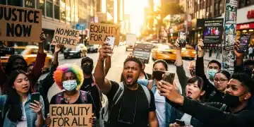 Activists using smartphones during a social justice protest, engaging with social media platforms.