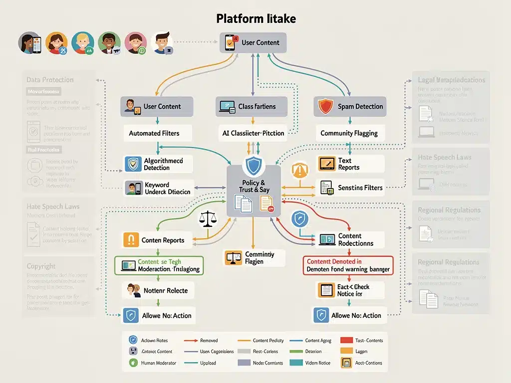 Flowchart showing content moderation process and legal considerations