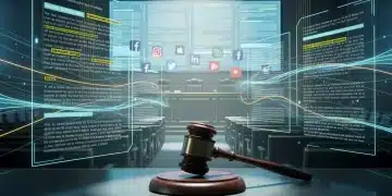 Digital courtroom illustrating online speech legal battles in 2026
