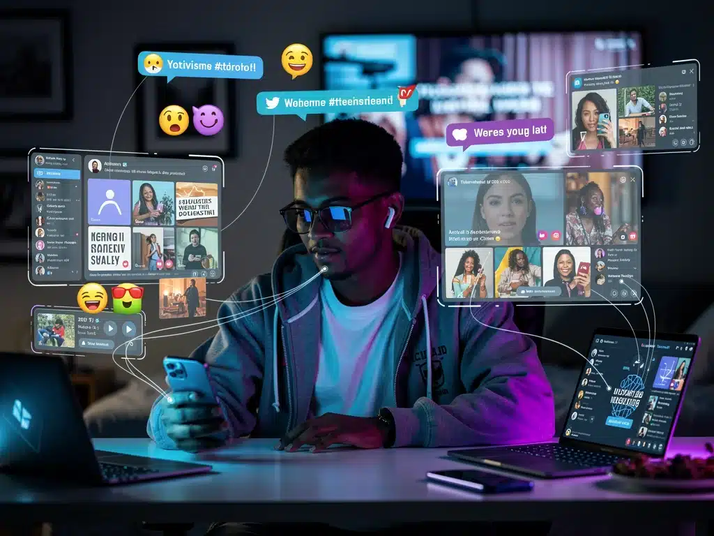 Gen Z individual engaging with multiple digital devices, highlighting technological influence.