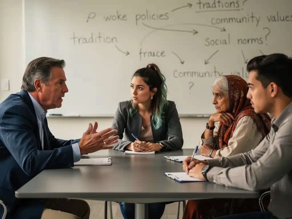 Diverse group debating 'woke' policies and traditional values