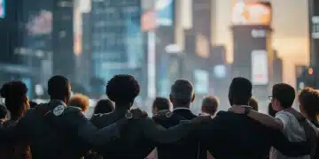 Diverse group looking towards a future city, symbolizing the evolving landscape of identity politics in America.