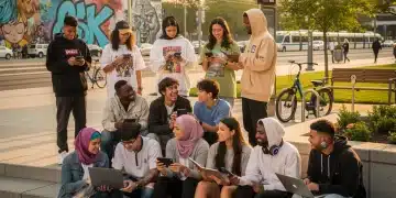 Diverse Gen Z individuals interacting, symbolizing rapid societal change and digital connectivity.