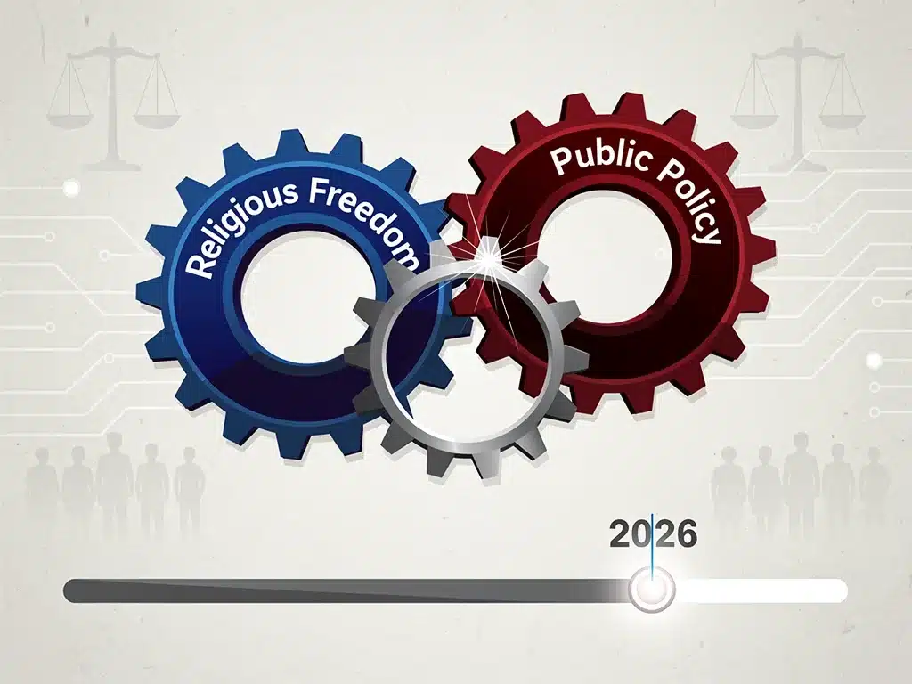 Intertwined gears symbolizing religious freedom and public policy interaction