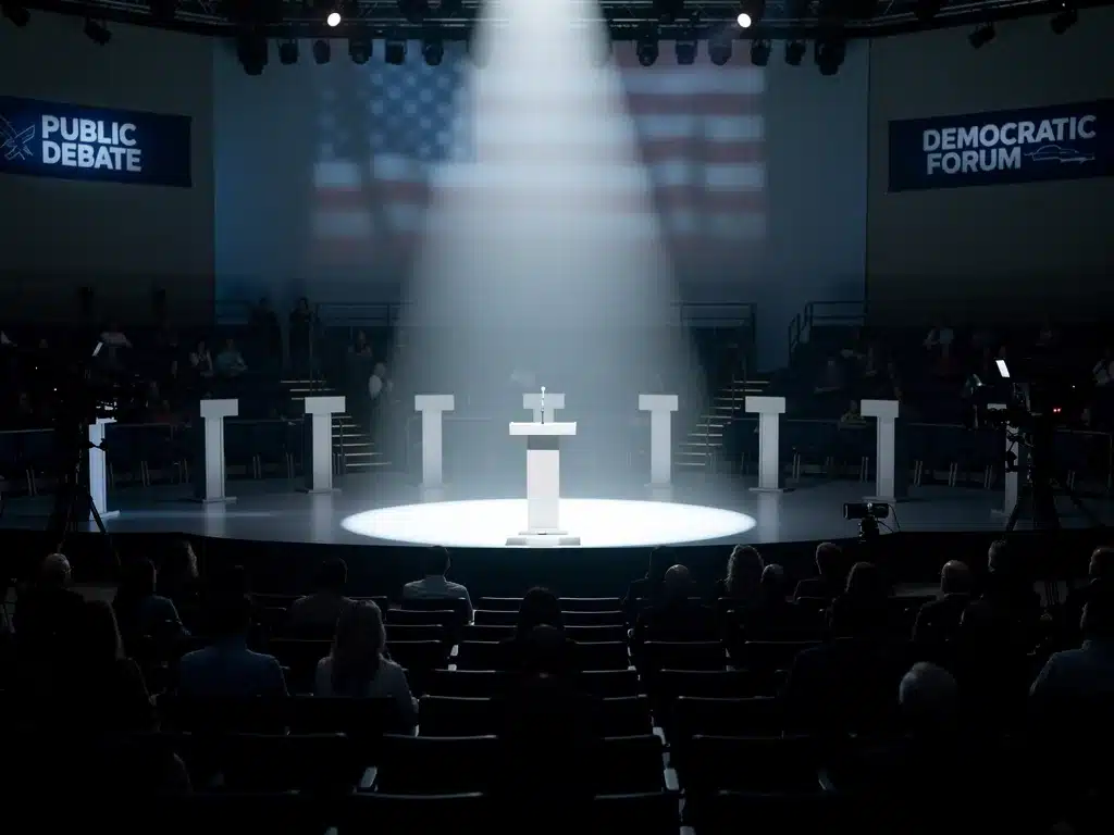 Empty debate stage under a spotlight, representing the future of dialogue in identity politics in America.