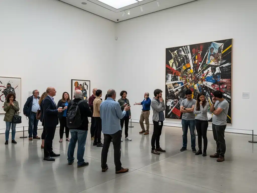 Public engaging with challenging art in a gallery setting