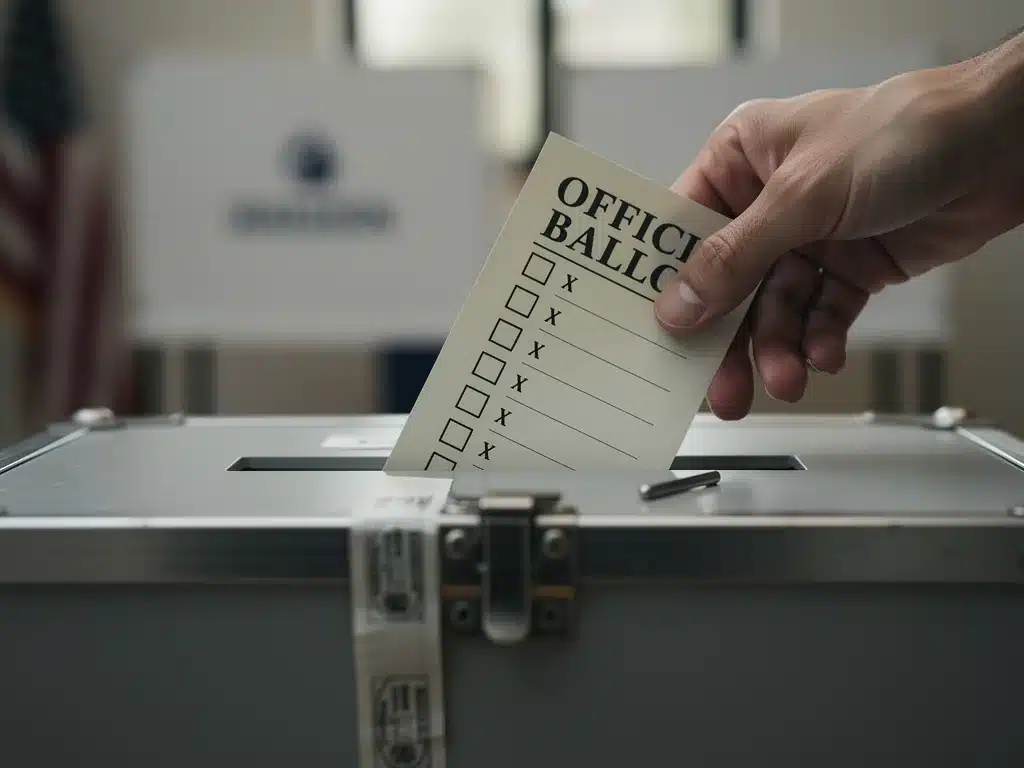 Hand casting ballot into secure voting box for upcoming elections.