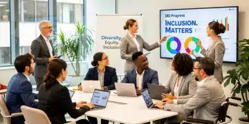 Diverse professionals collaborating in an inclusive corporate environment, symbolizing effective DEI strategies.