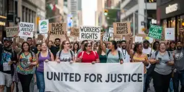 Diverse activists marching with signs, symbolizing various activism models and social justice movements.