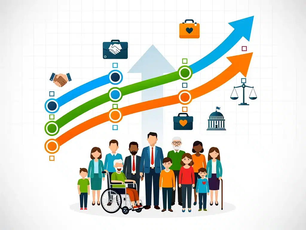 Infographic illustrating economic growth driven by inclusive social justice policies.