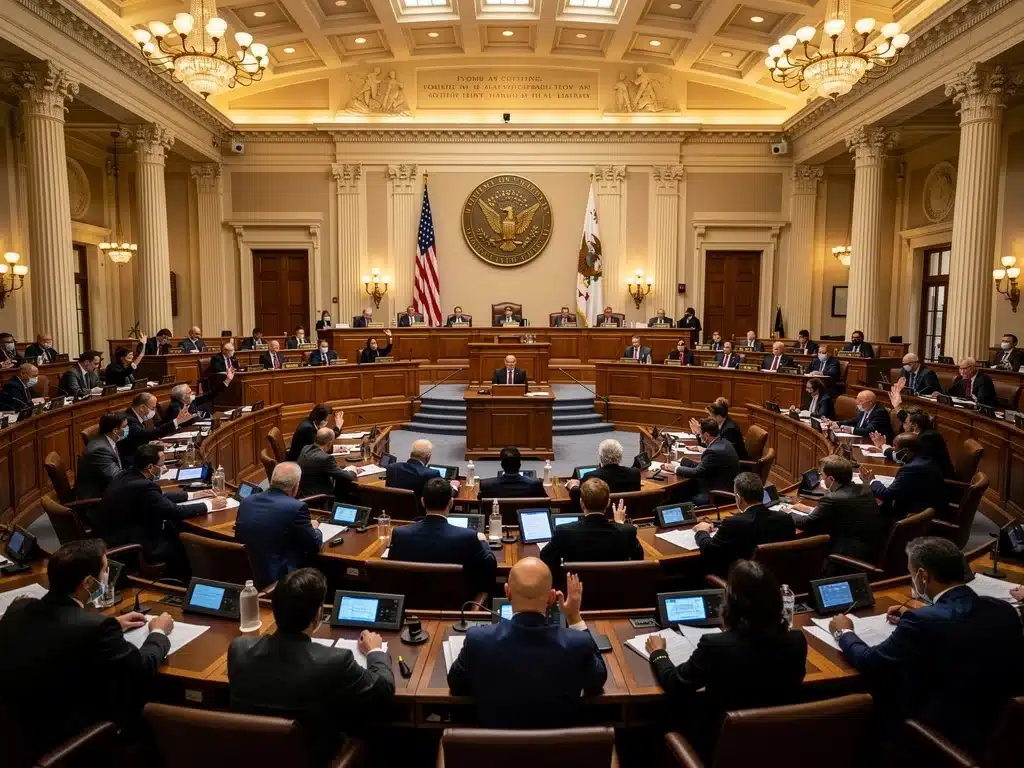 Legislators debating new voting rights laws in a government chamber.