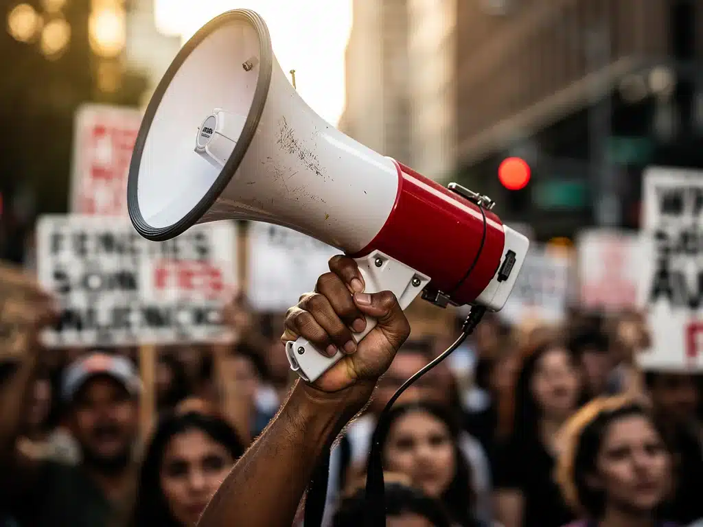 Hand holding megaphone at protest, symbolizing direct action and public demonstrations in activism.