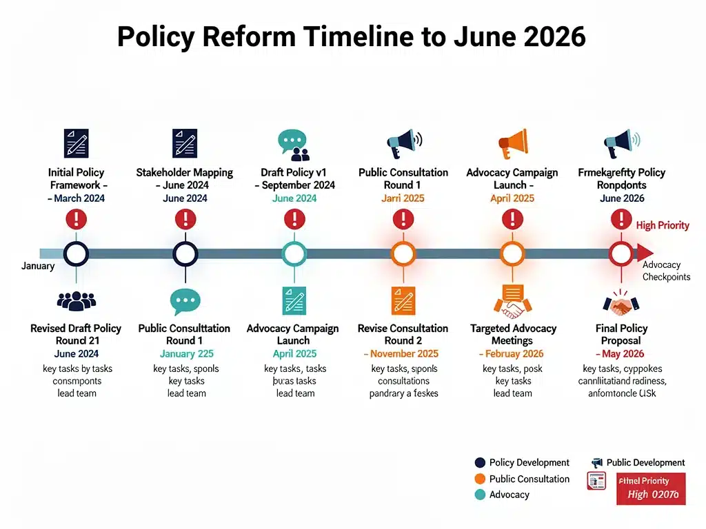 Illustrative timeline showing regulatory and advocacy stages before and after policy deadlines in 2026.