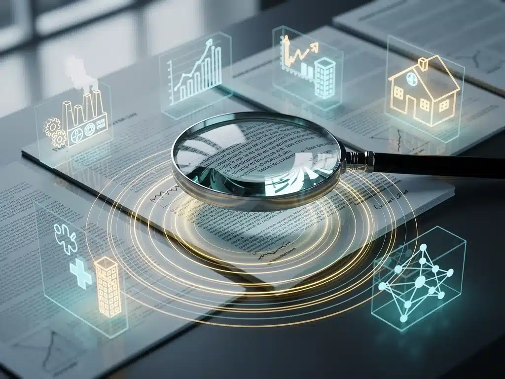 Legislative documents under a magnifying glass, symbolizing the analysis of policy shifts and their economic ripple effects.