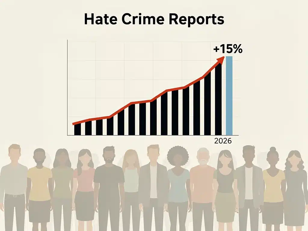Graphic illustrating a 15% rise in hate crime reports towards 2026, highlighting community impact.