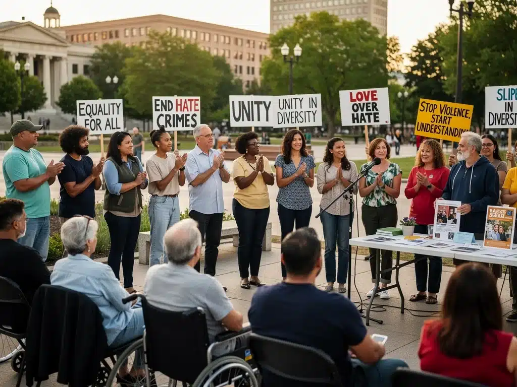 Diverse community members at a social justice protest, advocating for equality amidst rising hate crime reports.